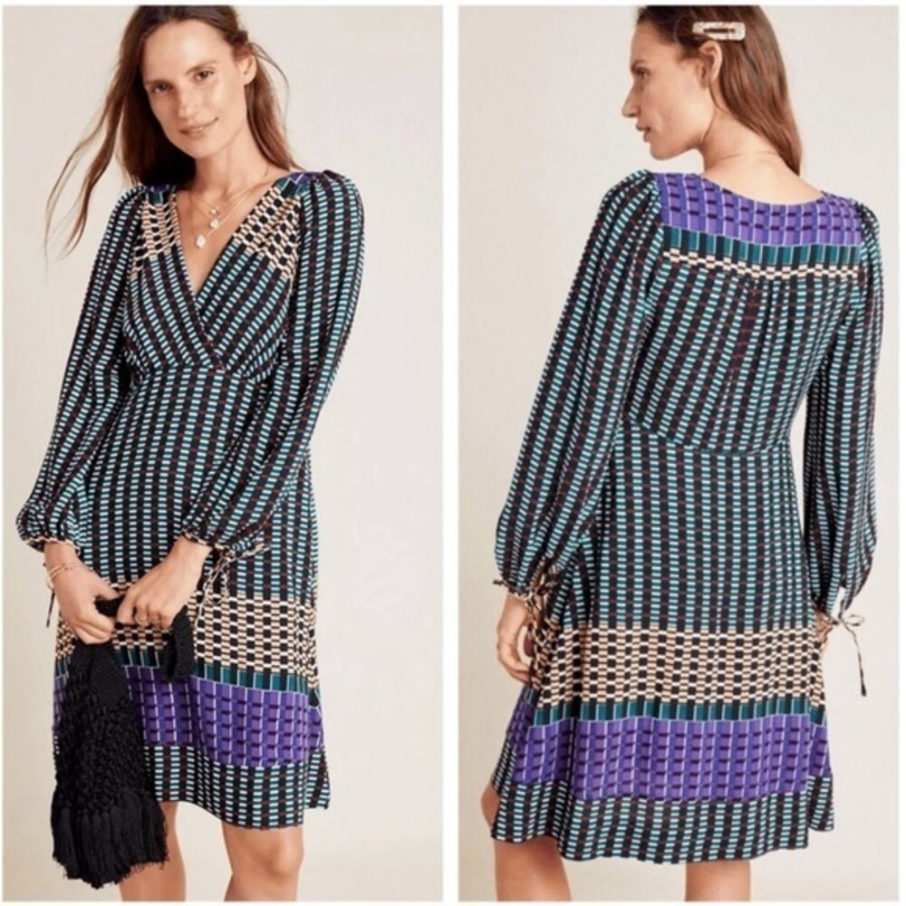 💋Anthropologie Black and Purple Patterned Mini Dress